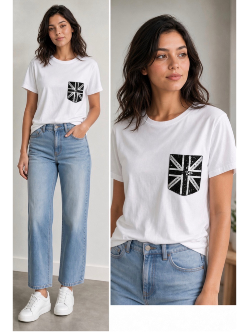 Women's SHEIN White Black Sequin Union Jack Pocket Tee Size XS